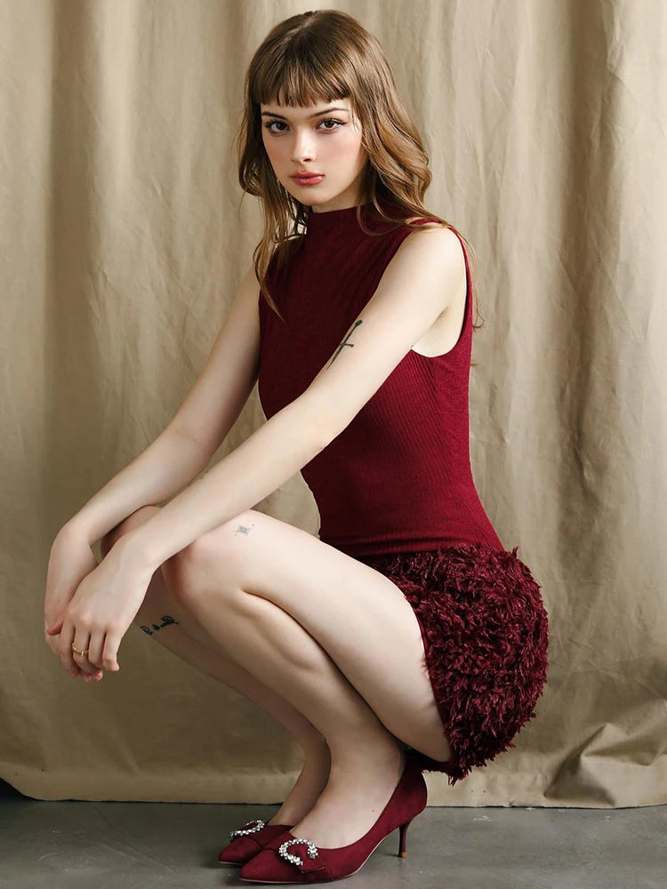 Christmas Plush Hem Dress Women Sleeveless Patchwork o-Neck Skinny Elasticity Fashion Classic Prom Party Mini Bodycon