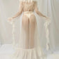 Women Sheer Chiffon Ruffle Trim Long Sleeve Maxi Cover Up Dress Tie Waist Flowy Kimono Robe for Beach Vacation