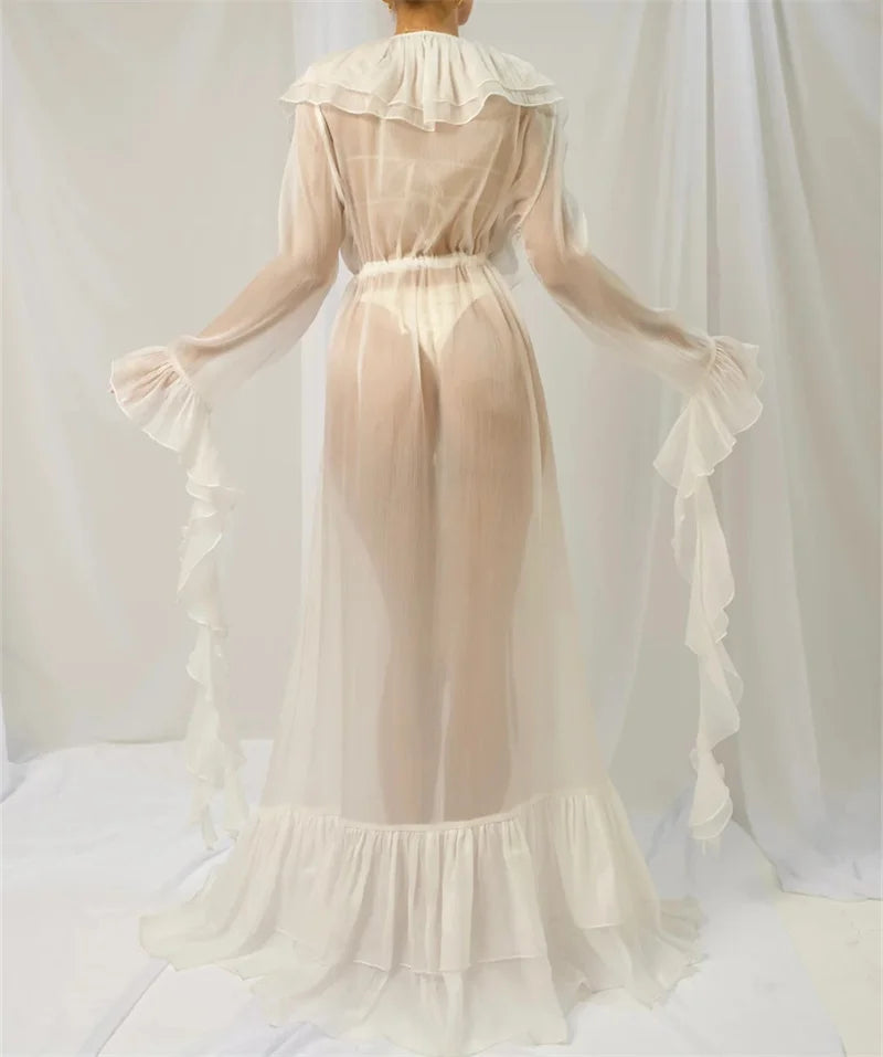 Women Sheer Chiffon Ruffle Trim Long Sleeve Maxi Cover Up Dress Tie Waist Flowy Kimono Robe for Beach Vacation
