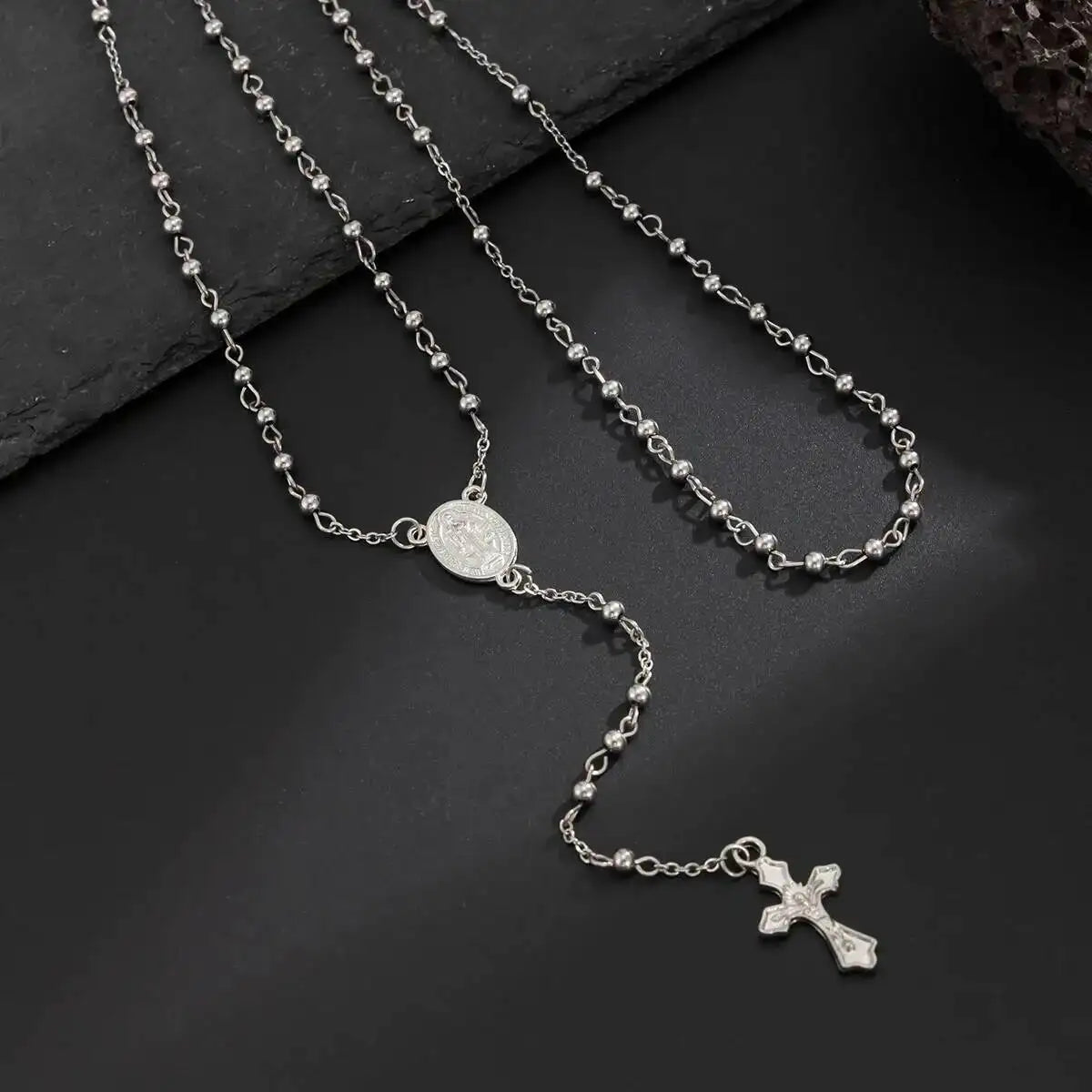 Stainless Steel Jesus Cross Pendant Necklace for Men, Long Chain, Bead Chain, Punk Jewelry, Christian, Hip Hop, 3 Styles