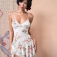 Irregular Ruffles Hem Dress Women Floral Print v-Neck Sleeveless Patchwork Lace Skinny Sweet Style Summer Bodycon
