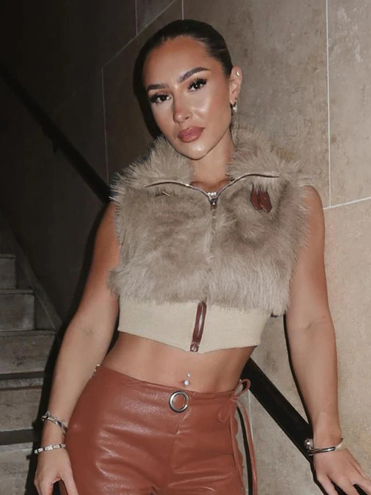 Sexy Furry Tank Tops Women Autumn Trend Patchwork Zip Metal Leather Buckle Slim Hottie Wild Street Clubwear Waistcoat