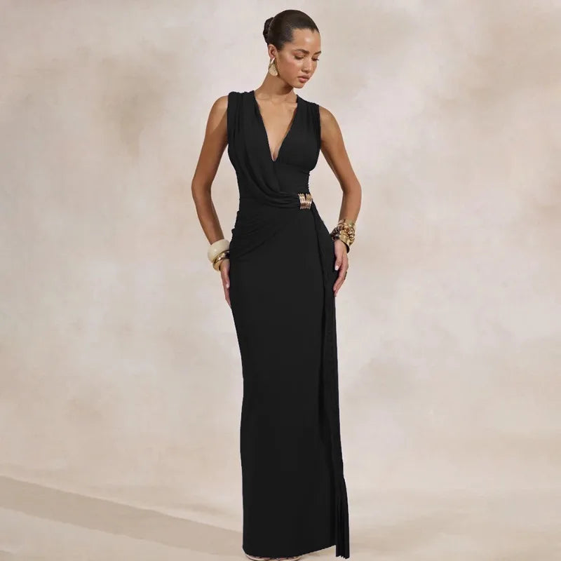 Deep V Neck Sleeveless Maxi Dress Woman Clothing Elegant Evening Dresses Wedding Party