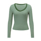 Women Striped Contrast Binding V Neck Long Sleeve Crop Top Ribbed Slim Fitted T Shirt Y2K Sexy Fall Casual Streetwear