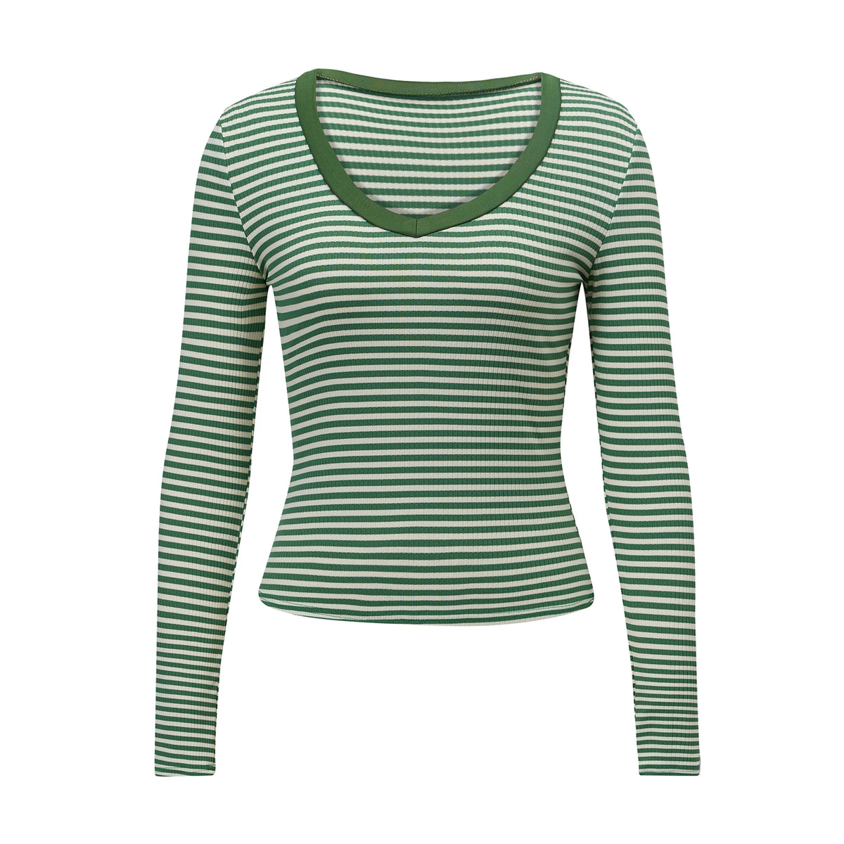 Women Striped Contrast Binding V Neck Long Sleeve Crop Top Ribbed Slim Fitted T Shirt Y2K Sexy Fall Casual Streetwear
