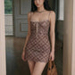 Square Collar Sleeveless Dress Women Sex Plaid Print Fashion Bow Bandages Ruched Patchwork Hottie Trend Party Bodycon