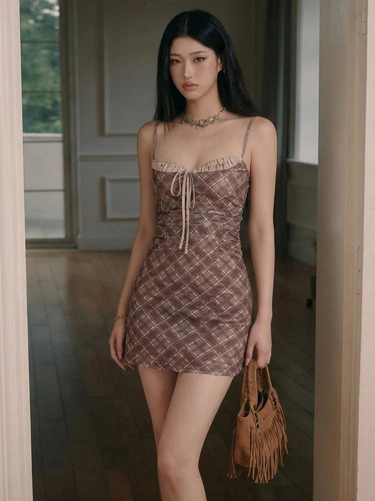 Square Collar Sleeveless Dress Women Sex Plaid Print Fashion Bow Bandages Ruched Patchwork Hottie Trend Party Bodycon