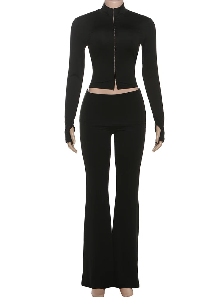 Casual 2-Piece Set Women Turtleneck Single-breasted hidden buttons crop tops+Elastic waist Flared pants sporty suits
