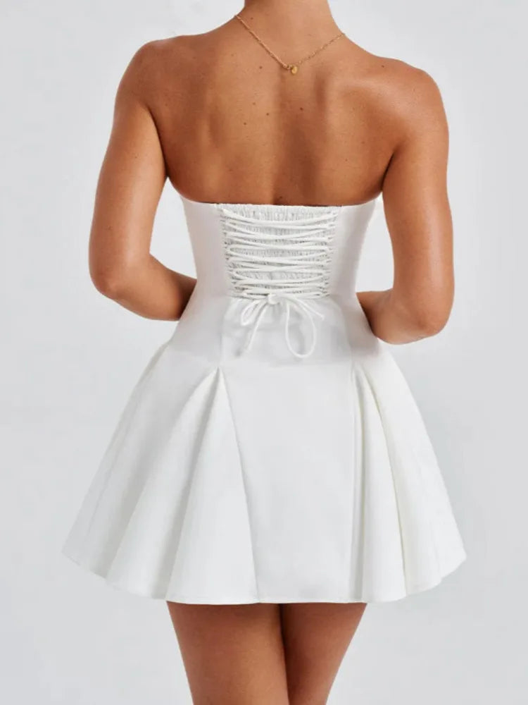 Bow Strapless Backless Sexy Mini Dress For Women Robe Fashion Solid Off-shoulder Sleeveless A-line Club Dress Vestido