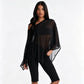Off Shoulder 3 Piece Capri Set with Sheer Mesh Poncho Top Black Casual Outfits for Woman Fashionable Clothing