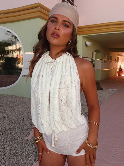 Lace White Rompers Sexy Cruise Wear for Woman One Piece Halter Open Back Sleeveless Jumpsuits Rave Outfits