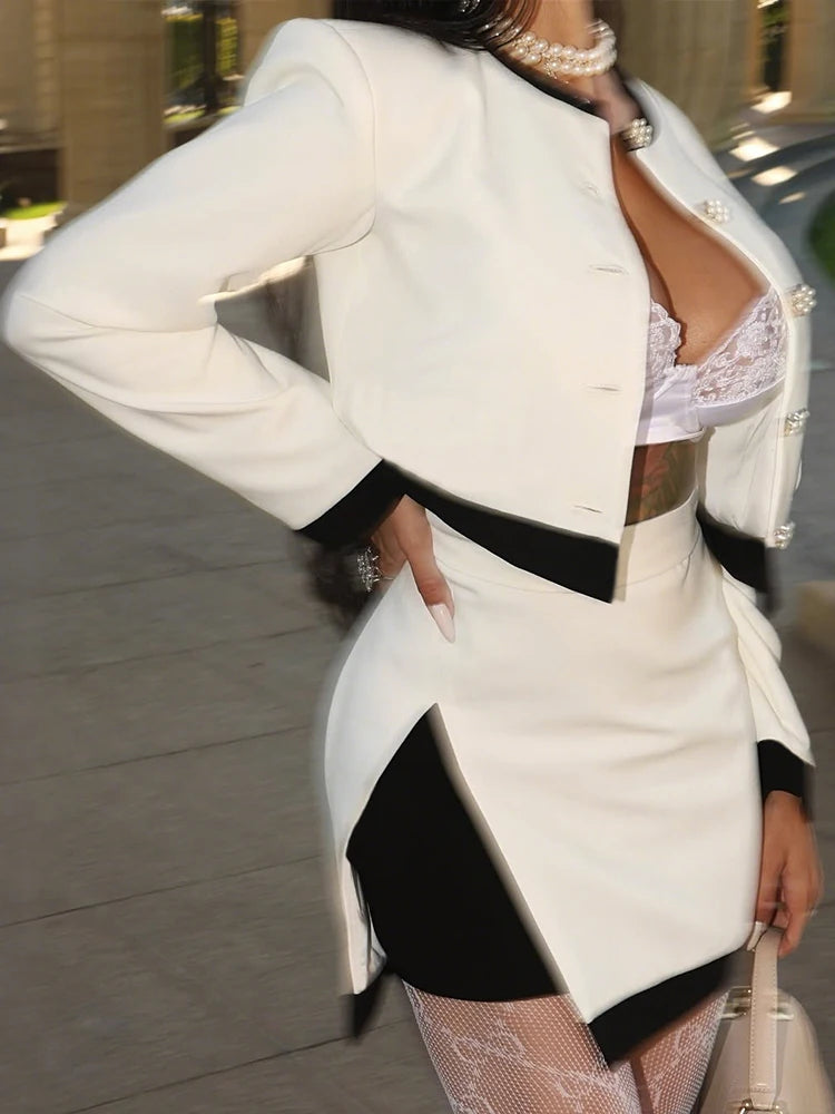 Office 2-Piece Set Women Sexy Single Breasted Coat+Patchwork Split Peach Hip Skirt Matching Slim Elegant Suit Outfits