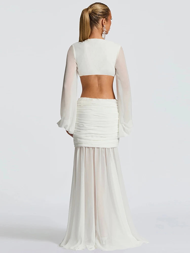 Sexy See Through Dress Women Deep V-Neck Full Sleeve Hollow Waistless Ruched Knot Ribbon Street Elegant Long Bodycon