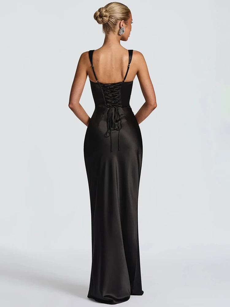 Satin Backless Sexy Maxi Dress Women Elegant Halter Off-shoulder Sleeveless Lace-up Bodycon Club Party Long Dresses