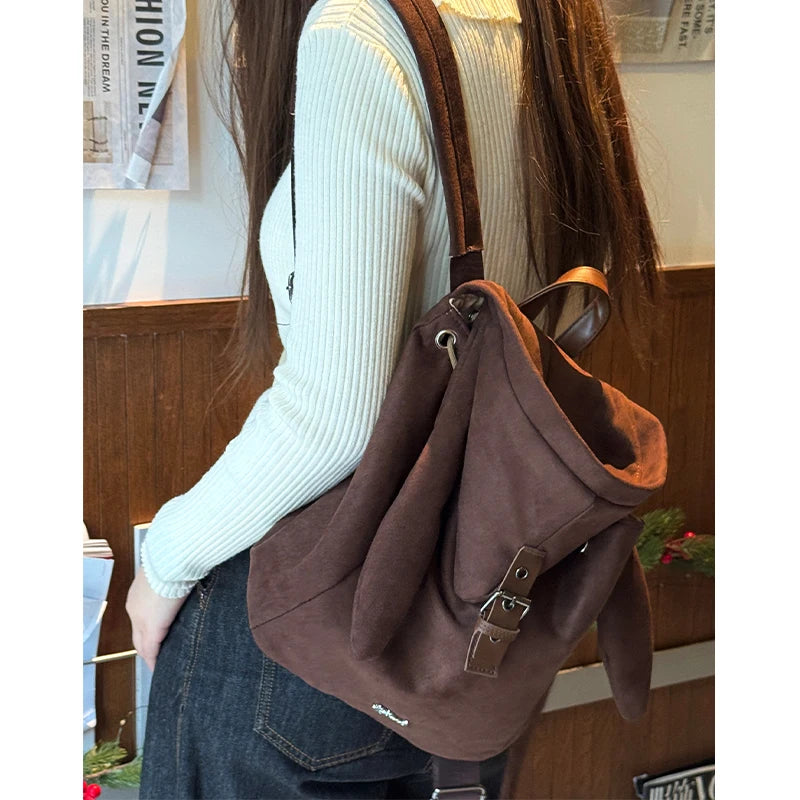 Y2K Preppy Solid Bunny Ear Hat Belt Buckle Backpack For Women