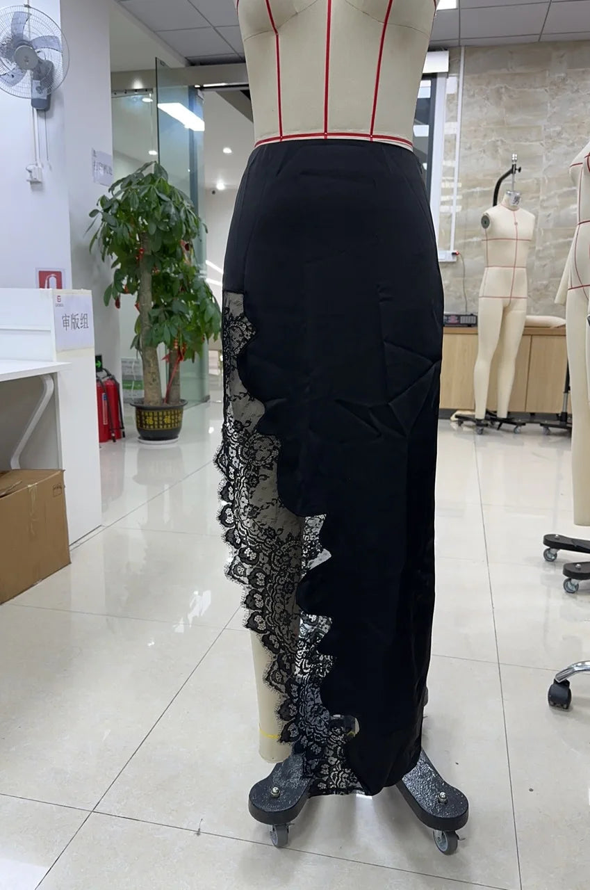 Satin Lace Trim Maxi Skirt Elegant Women's High Slit Asymmetrical Hem Silky Long Skirt Sexy Evening Party Club Outfit