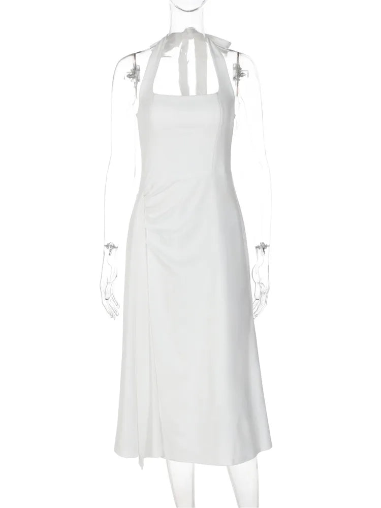 Women White Halter Neck Midi Dress Elegant Ruched Waist Sleeveless Bodycon Party Wedding Guest Formal Evening Dresses
