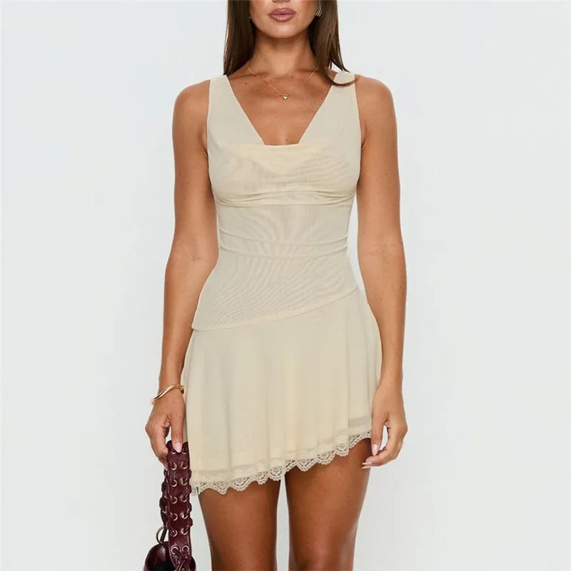 Women's Summer Mini Tank Dress V Neck Sleeveless A-Line Dress Lace Trim Solid Color Sleeveless Dress for Beach Vacation