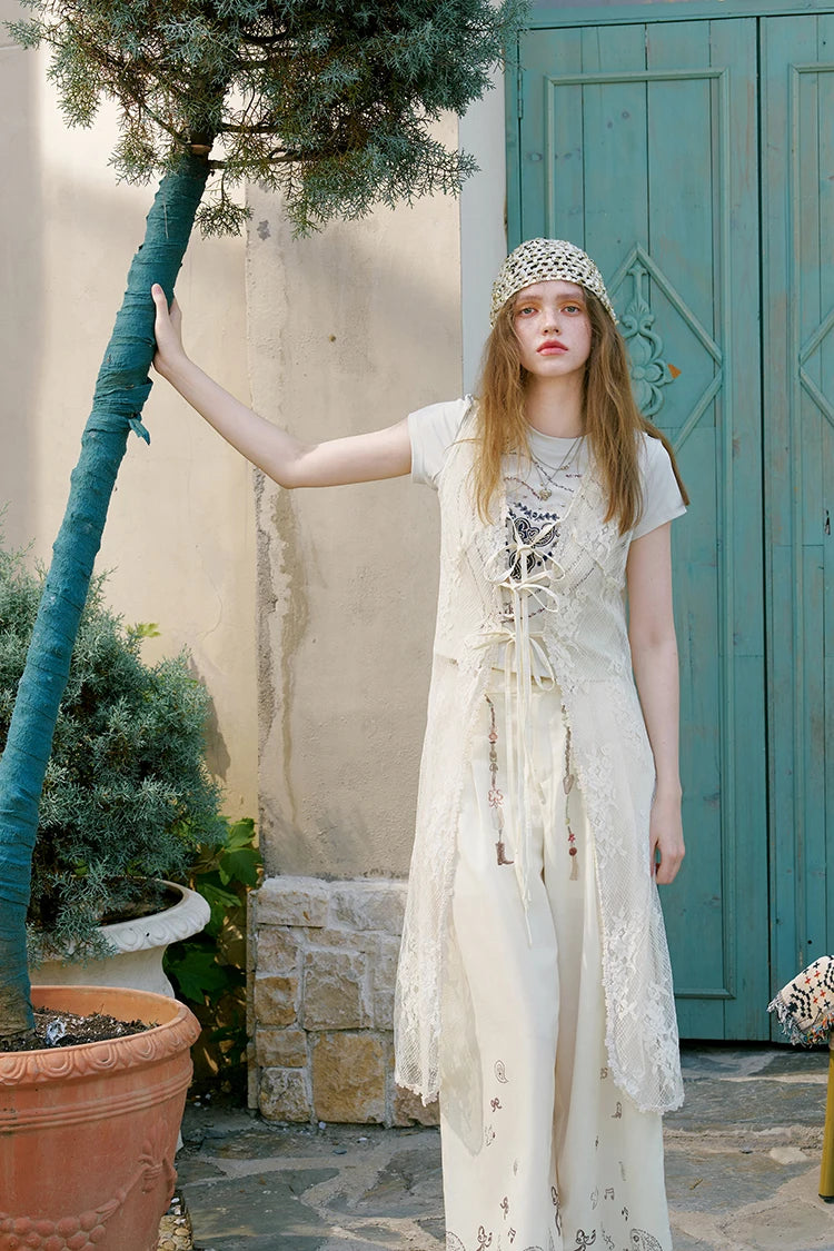 Women's Sheer Floral Lace Long Vest, V Neck Front Tie Sleeveless Long Outerwear, Scalloped Hem Layering