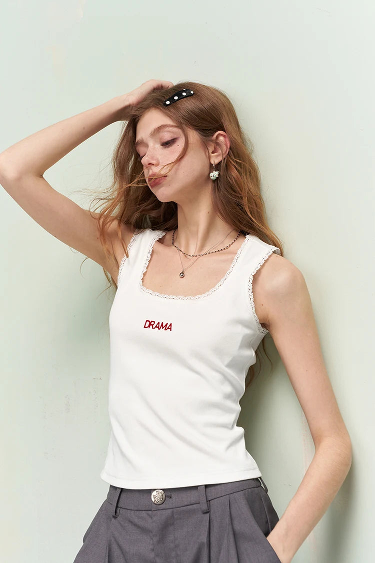 Minimalist Versatile Lace Trim Letter Print Camisole For Women