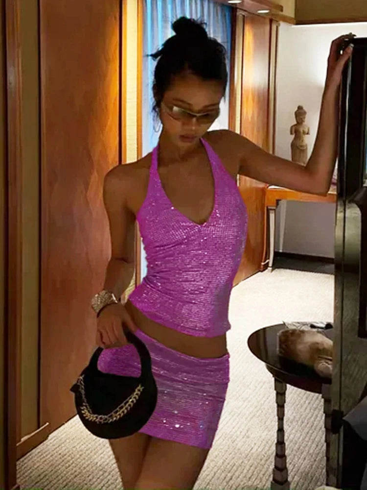 Sequin Hottie 2 Piece Women Sexy Trend Halter Backless Sleeveless Tank Top+Peach Hip Skirts Fashion Street Clubwear