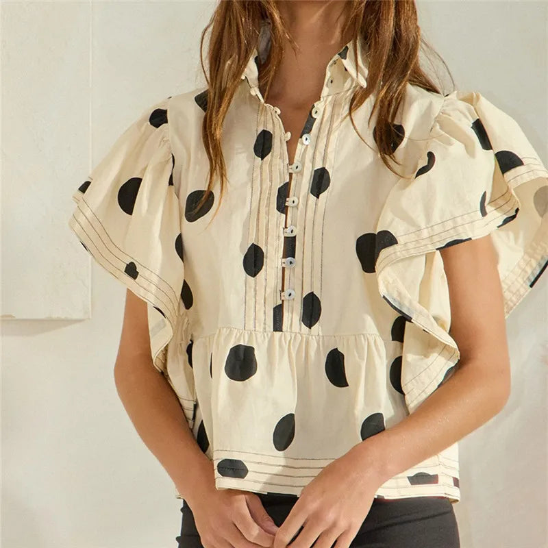 Loose Casual Short Sleeve Button up Shirts V-Neck Polka Dot Print Women's Shirt Korean Style Babydoll Blouse