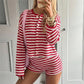 Womens Waffle Knit Striped 2 Piece Set Button Front Long Sleeve Cardigan And Shorts Casual Fall Spring Loungewear Outfit