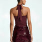 Halter Cutout Sexy Mini Dress Women Elegant Spliced Sequin Ruched Waist Bodycon Cocktail Club Evening Party Dress