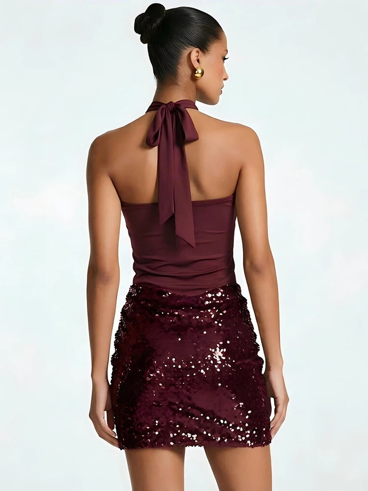 Halter Cutout Sexy Mini Dress Women Elegant Spliced Sequin Ruched Waist Bodycon Cocktail Club Evening Party Dress