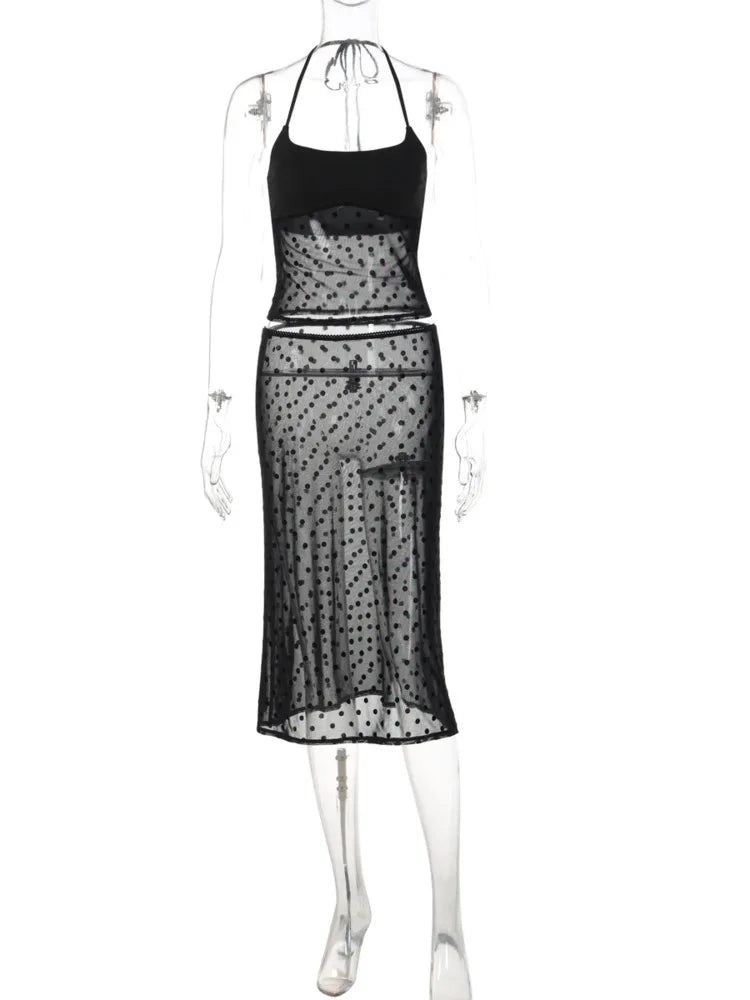 Polka Dot Two Piece Set Women Halter Tank Top And Midi Skirt Matching Sets Female Mesh See Through Club Party Dress Set