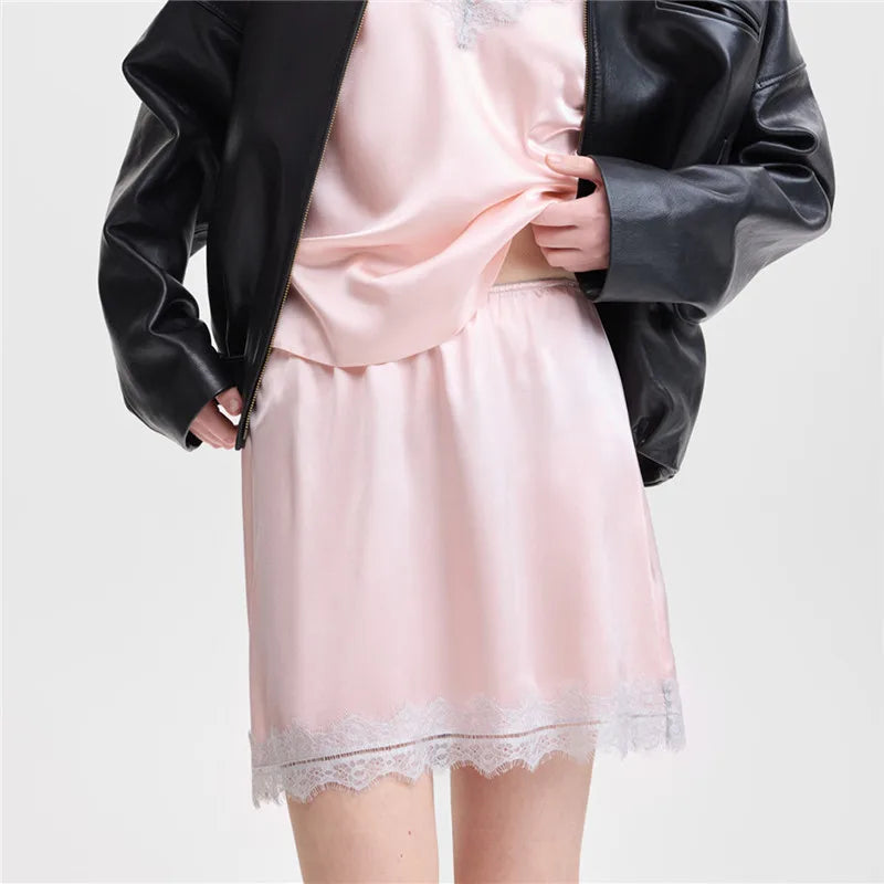 Summer French Women Satin Pajama Skirts Bottoms Lace Trim Silk Lounge Skirts High Elastic Waist Y2K Vintage Streetwear