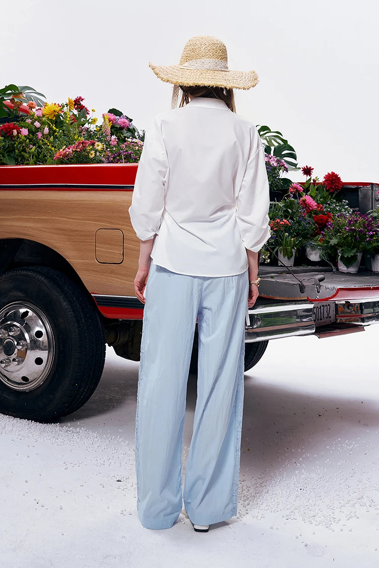 Lace Trim Wide Leg Elastic Waist Pants, Lightweight Casual Trousers, Romantic Versatile Daily Wear for Women