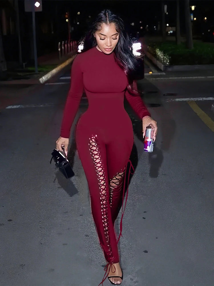 Sexy Fall Jumpsuits Women Diy Shirring o-Neck Full Sleeve Midnight Party Club Stretch Activity Fitness Slim Overalls
