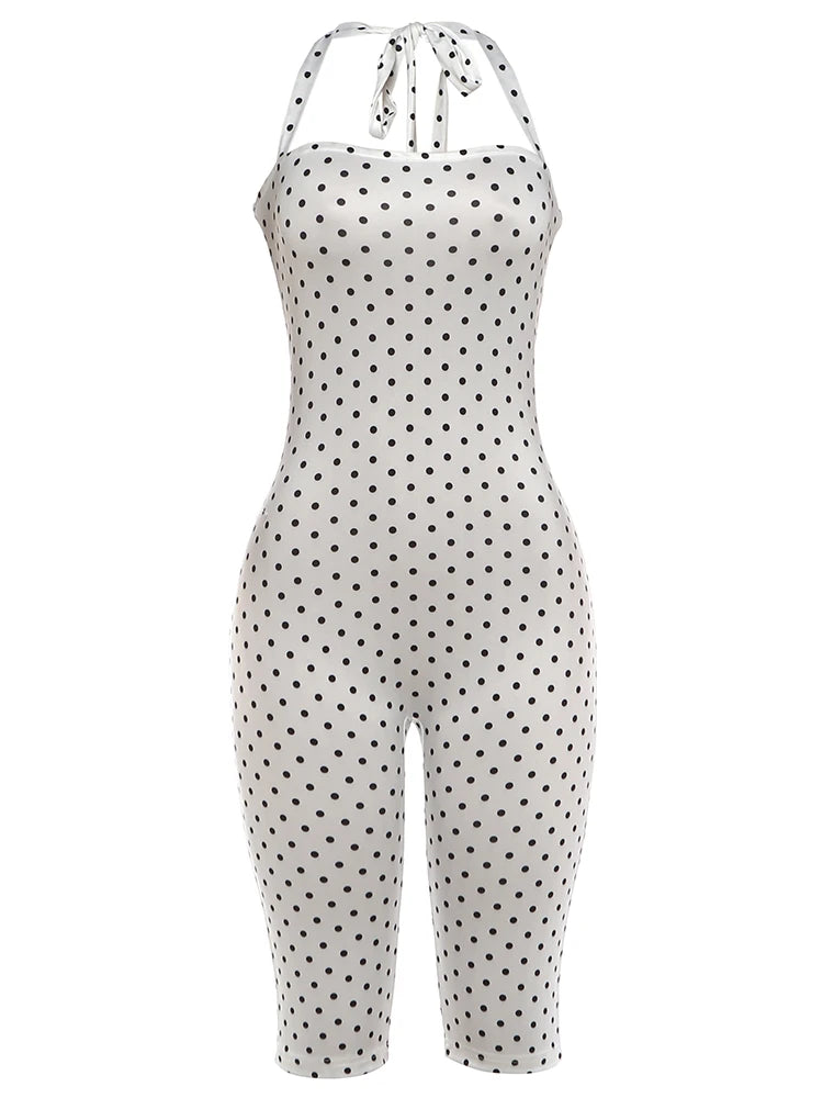 Polka Dot Print Backless Rompers Woman Summer Sexy Bandage Halter Sleeveless Skinny Peach Hip Streetwear Playsuits