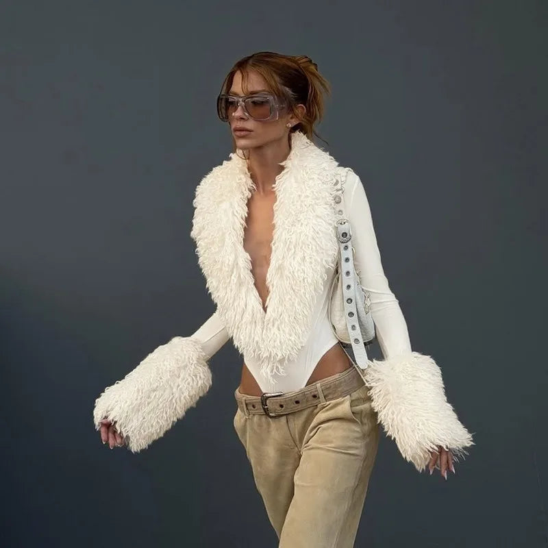 Faux-fur Collar Deep V Neck Long Sleeve Bodysuits & One Pieces Bodycon Top Women' S Clothing Winter 2026