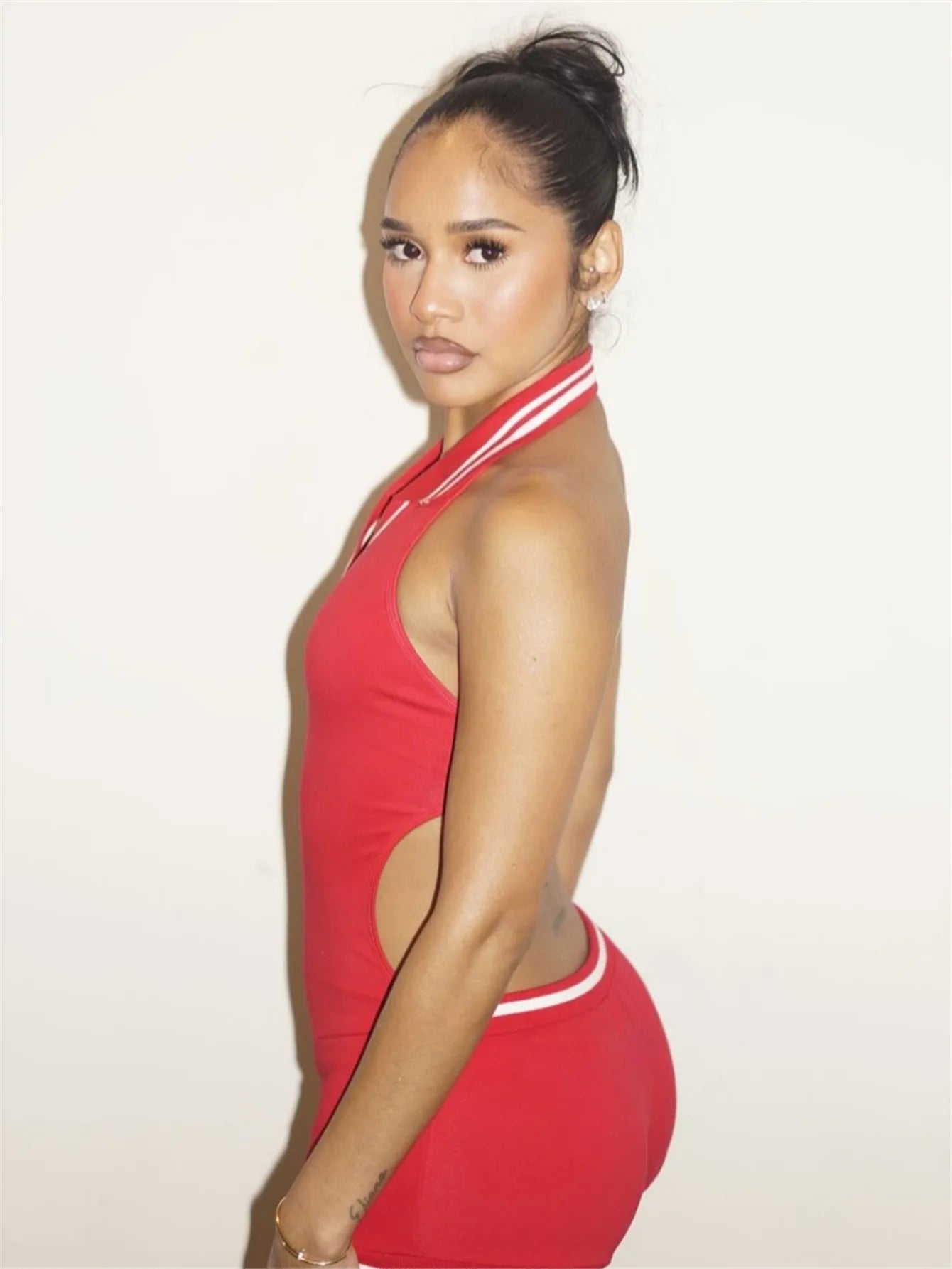 Backless Halter Playsuit Women V-Neck Summer Hipster Sleeveless Tight Stretch Activity Streetwear Shorts Playsuit