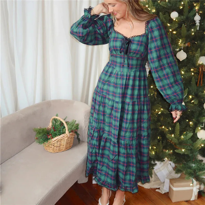 Women Christmas Tartan Plaid Tiered Maxi Dress Square Neck Lace Trim Bow Long Puff Sleeve Smocked Back Ruffle Hem Dress