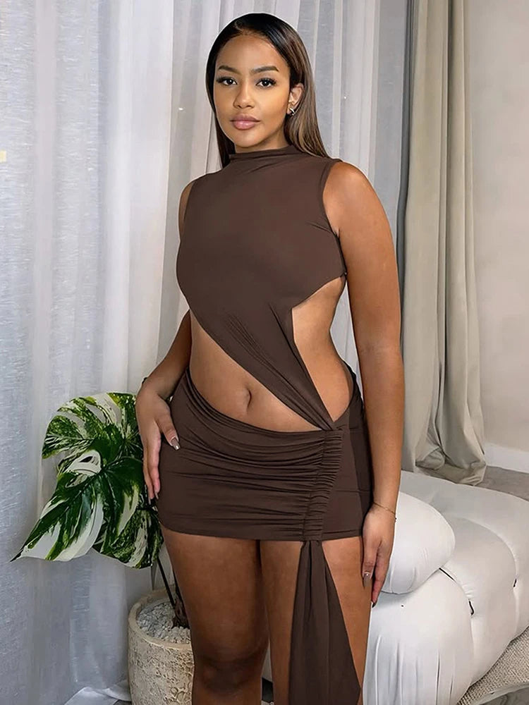 Irregular Hollow Dress Women o-Neck Sleeveless Waistless Skinny Ruched Tassel Midnight Club Party Sexy Mini Bodycon