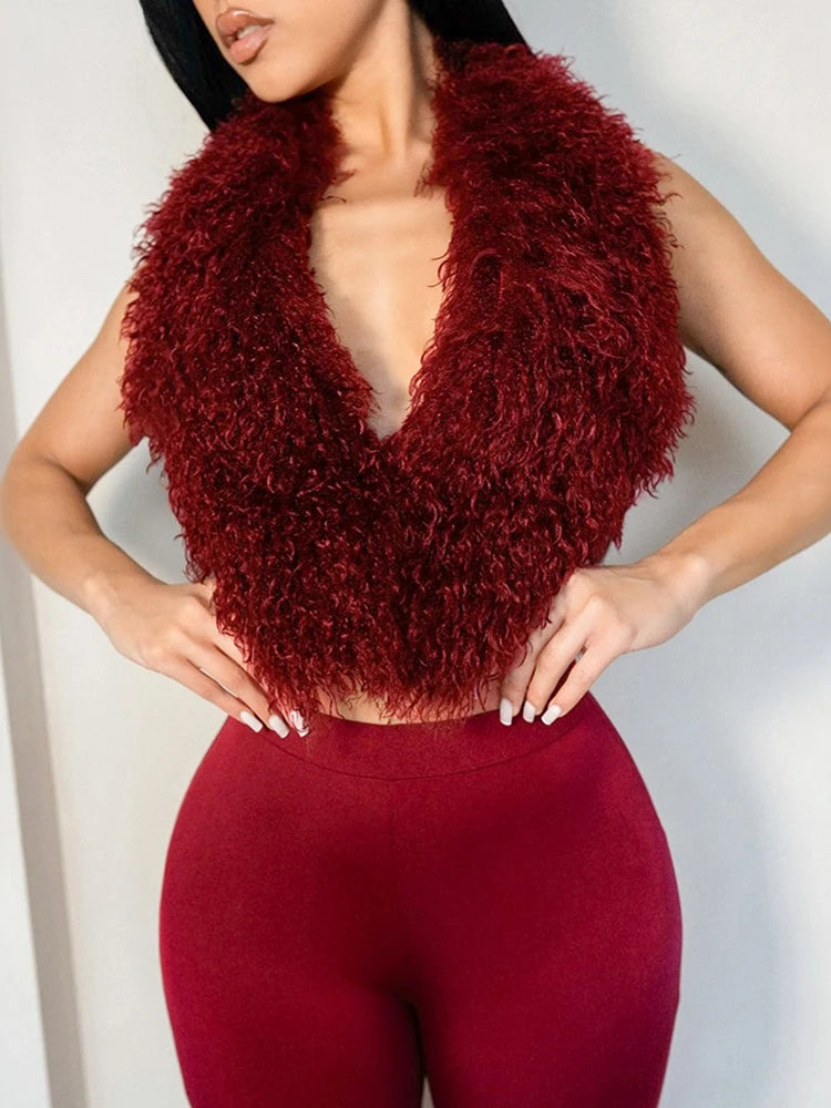 Sexy Fashion 2 Piece Set Women Plush Patchwork Halter Backless Camisole+Solid Skinny Pants Hottie Hipster Clubwear