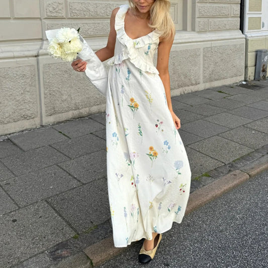 Women Graphic Print Maxi Dress Boho Beach V Neck Ruffles Strap A-line Dress Summer Holiday Backless Tie Up Long Dress