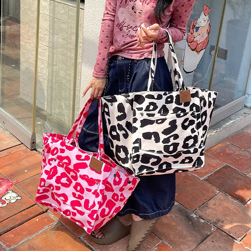 2025 Autumn New Arrival Y2K Color Block Leopard Print Large Capacity Tote Bag For Woman
