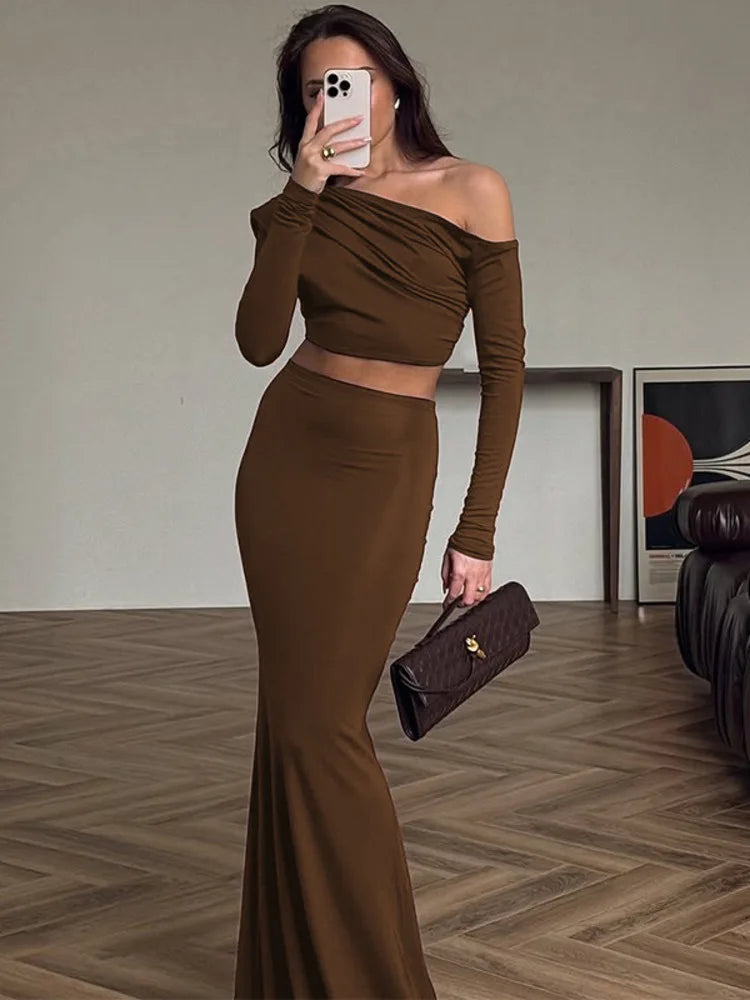 Fashion Brown Two Piece Set Women Inclined Shoulder Long Sleeve T-shirt And Maxi Skirt Matching Sets Elegant Dress Set