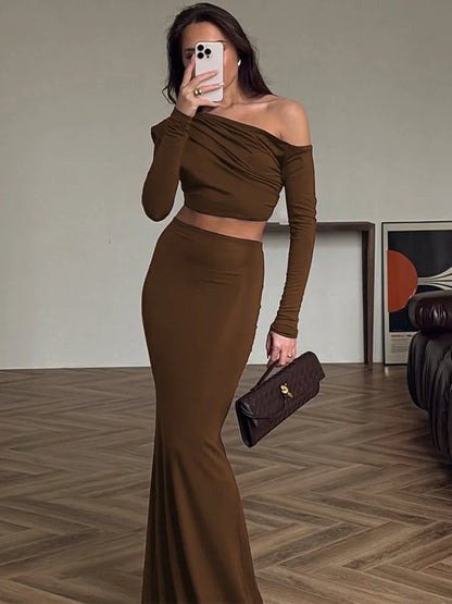 Fashion Brown Two Piece Set Women Inclined Shoulder Long Sleeve T-shirt And Maxi Skirt Matching Sets Elegant Dress Set