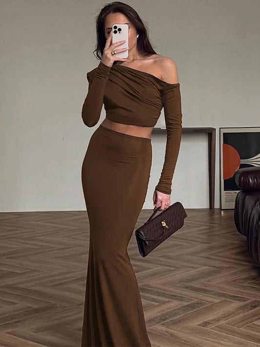 Fashion Brown Two Piece Set Women Inclined Shoulder Long Sleeve T-shirt And Maxi Skirt Matching Sets Elegant Dress Set