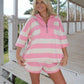 Women's Casual Striped Half Zip Two Piece Outfit Oversized Short Sleeve Top and Elastic Shorts Comfy Loungewear Set