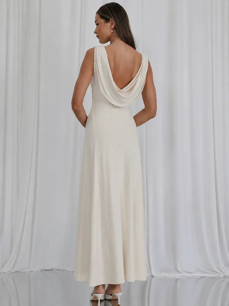 Cowl Neck Backless Sexy Midi Dress Women Elegant Ruched Waist Bodycon Long Evening Club Party Dress Female Gown