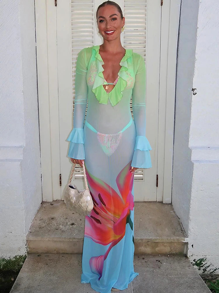 Gradient Mesh Maxi Dress Women Flower Print Ruffles Low-Neck Flared Sleeve Summer Holiday Beach Style Skinny Vestidos