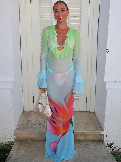 Gradient Mesh Maxi Dress Women Flower Print Ruffles Low-Neck Flared Sleeve Summer Holiday Beach Style Skinny Vestidos