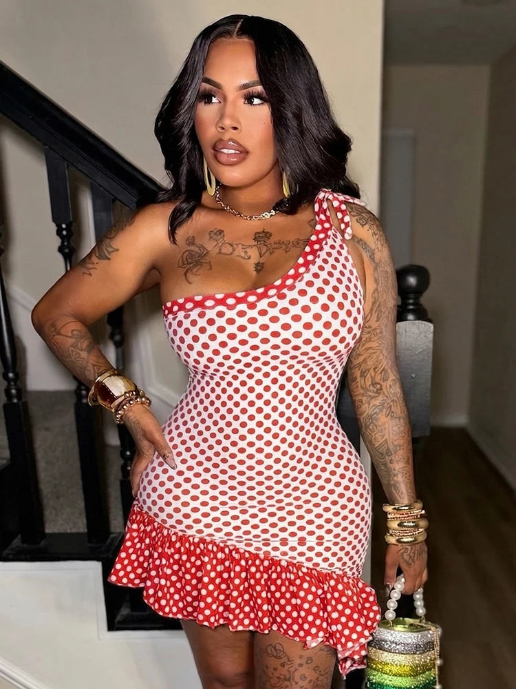Hottie Skew Collar Dress Women Sexy Polka Dot Print Ruffled Irregular Hem Bandages Color Blocking Vacation Bodycon
