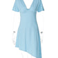 Women Light Blue Midi Dress Deep V Neck Short Sleeve Ruched Waist Asymmetrical Hem Bodycon Dresses Party Club Outfits